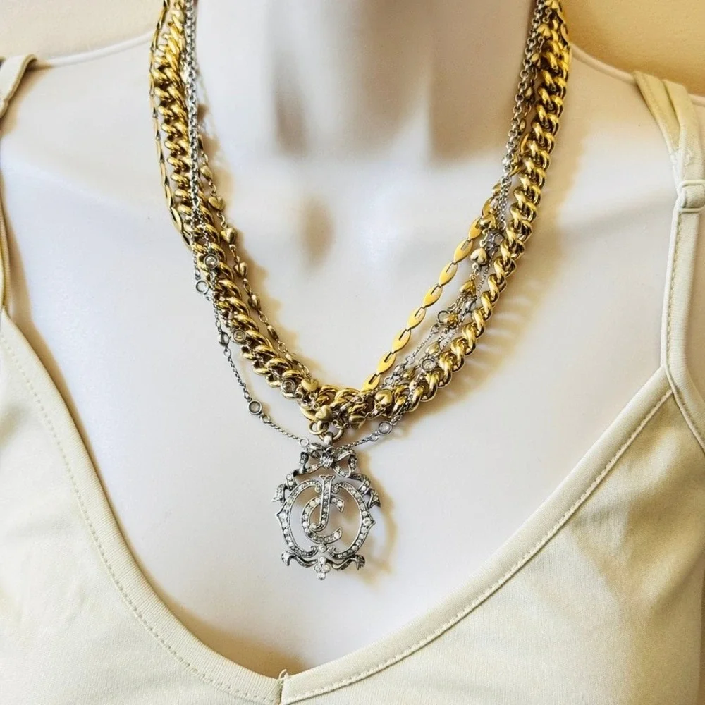 VTG Juicy Couture Y2K JC Crest Necklace Logo Crystal Multi Crystal Statement 18